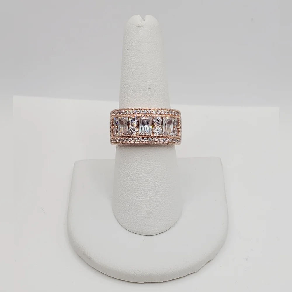 18k Rose Gold - 925 Sterling Silver Diamond Simulants Band Ring